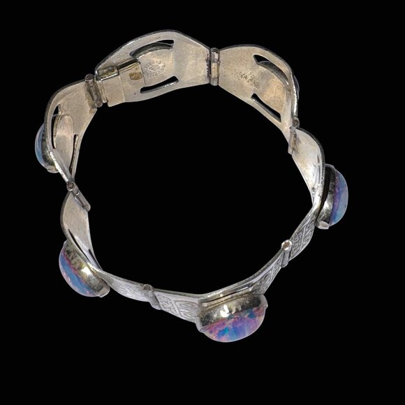 Vintage 1970s Silver 925 Panel Bracelet Faux Opal Beads Cabochons Mexico - Picture 9 of 14